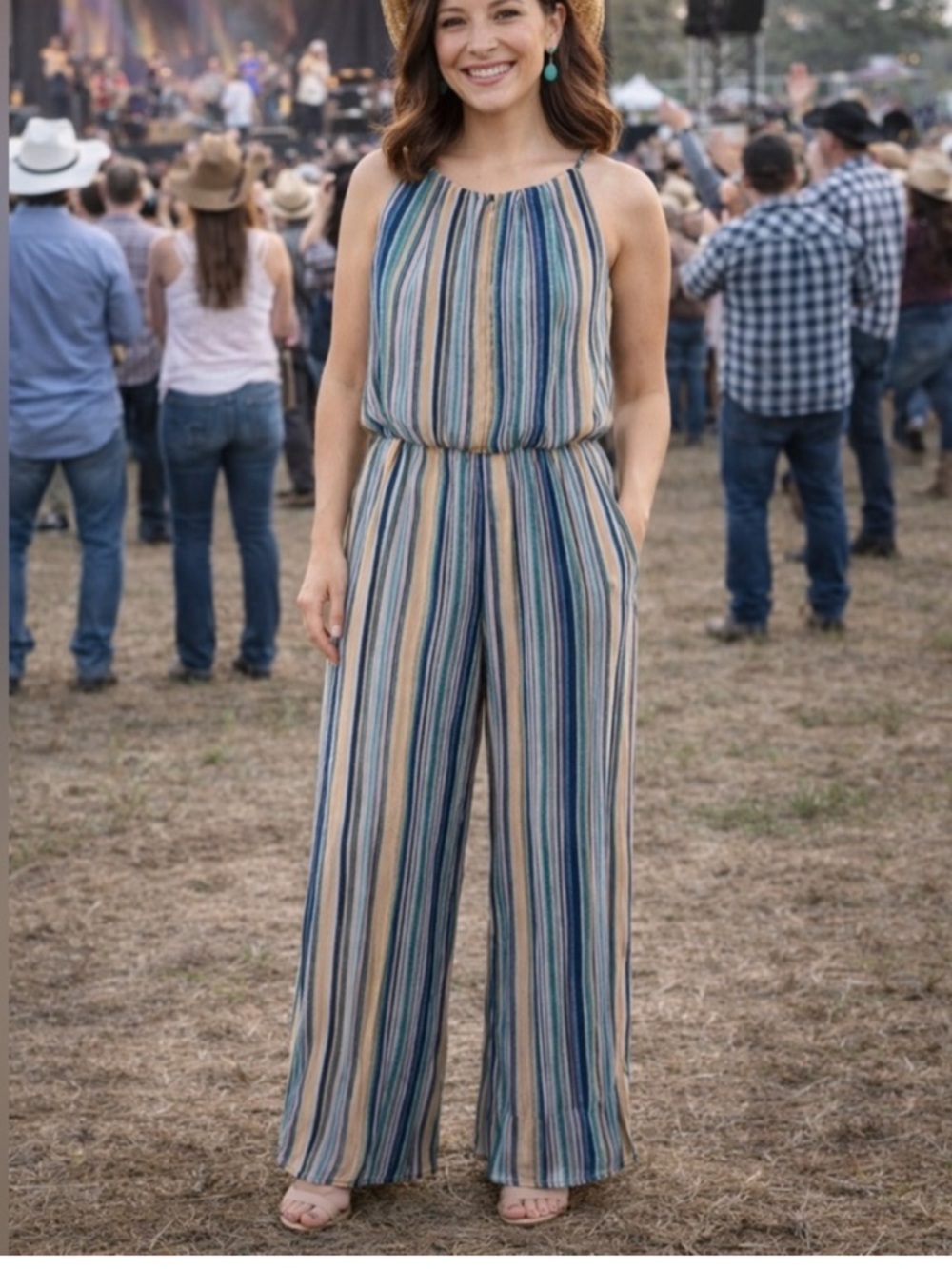 TACERA- Yellow and blue stripe Jumpsuit Size Large (Petite) - Picture 1 of 13